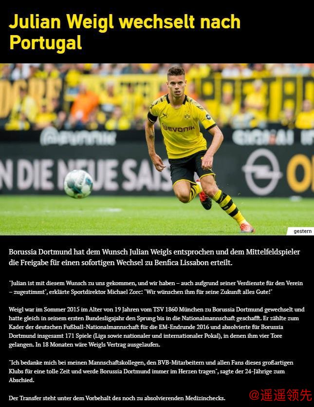 多特官方：魏格尔加盟本菲卡 转会费2000万欧